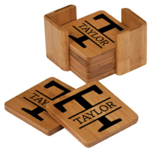 4" Engraved Square Wooden Coasters Set