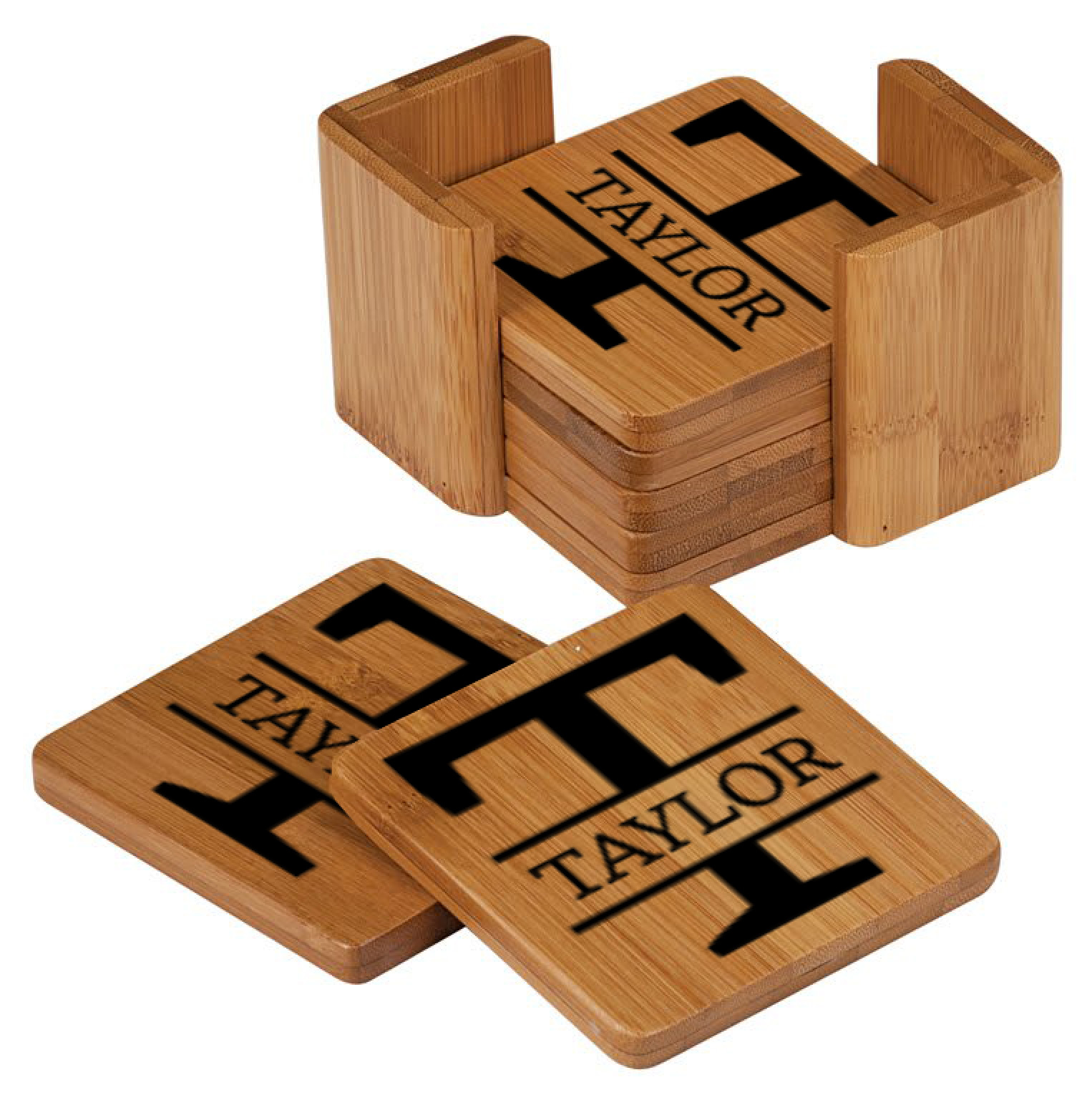 4" Engraved Square Wooden Coasters Set