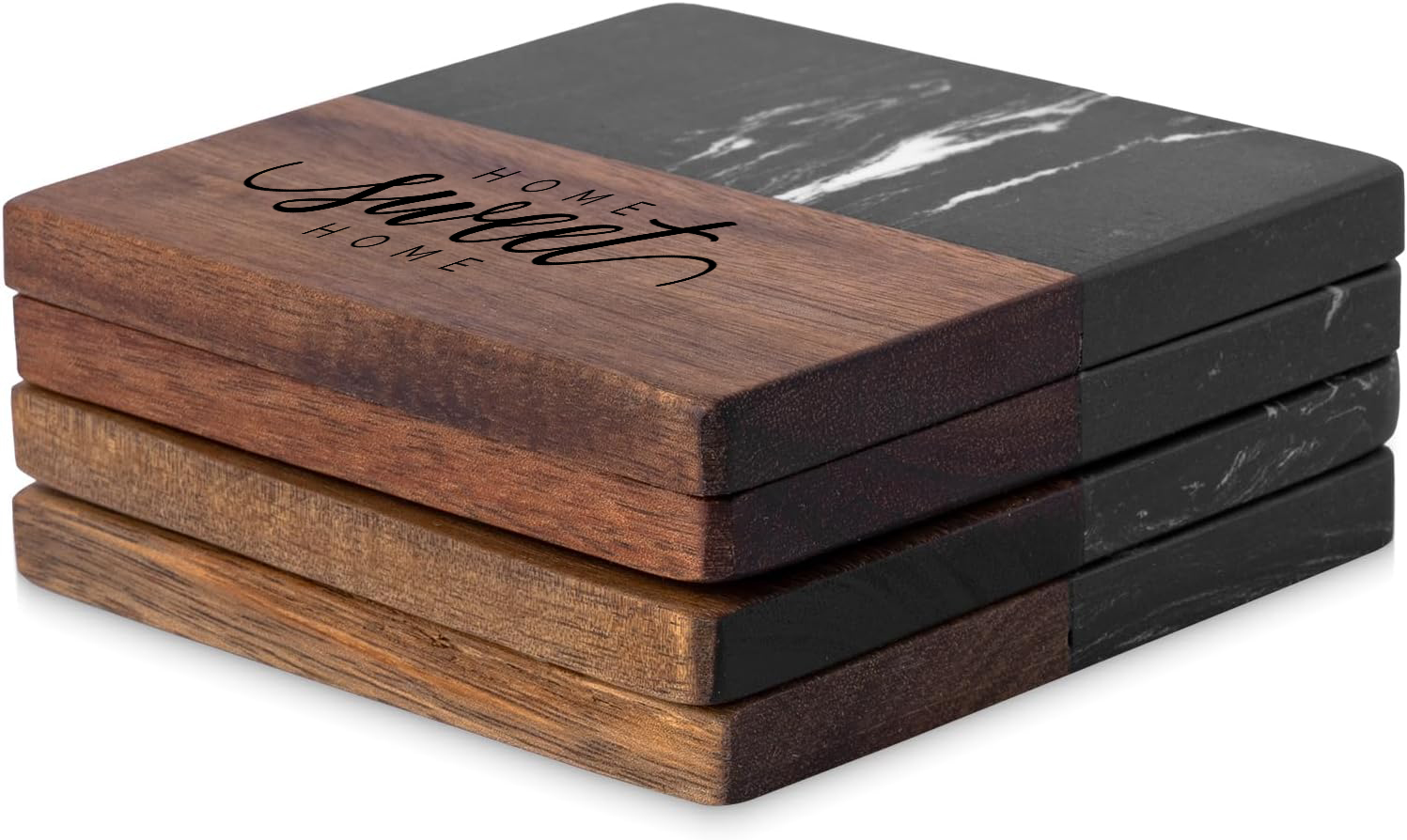 Square Black Slate Acacia Wood Drinks Coasters Set of 4