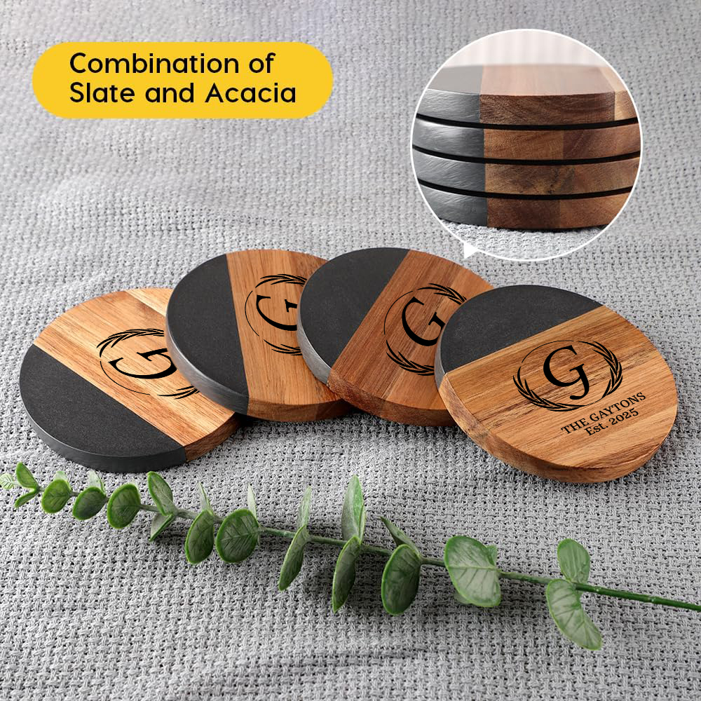 Round Black Slate Acacia Wood Drinks Coasters Set of 4