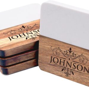 Square White Marble Acacia Wood Drinks Coasters Set of 4