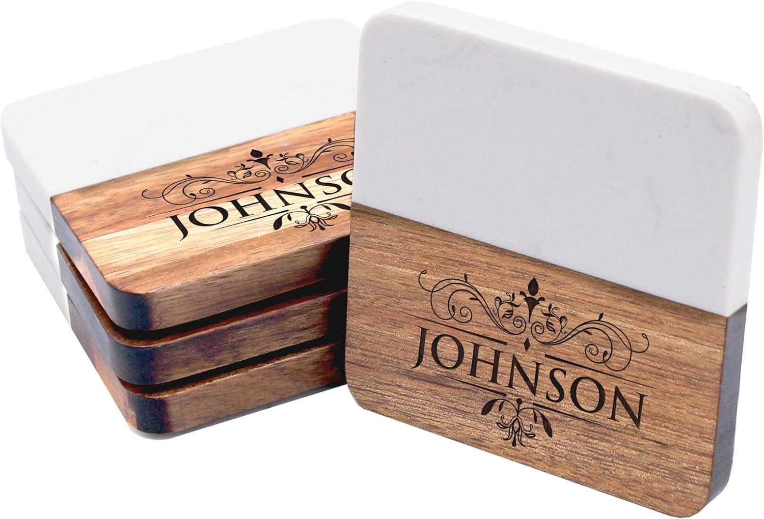 Square White Marble Acacia Wood Drinks Coasters Set of 4