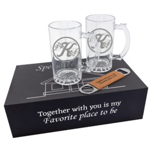 Lazerburst Beer Set with Two 14 oz. Mugs and One Rawhide Laserable Leatherette Bottle Opener