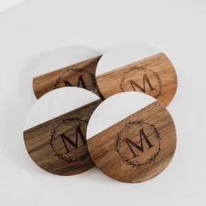 Round White Marble Acacia Wood Drink Coasters Set of 4