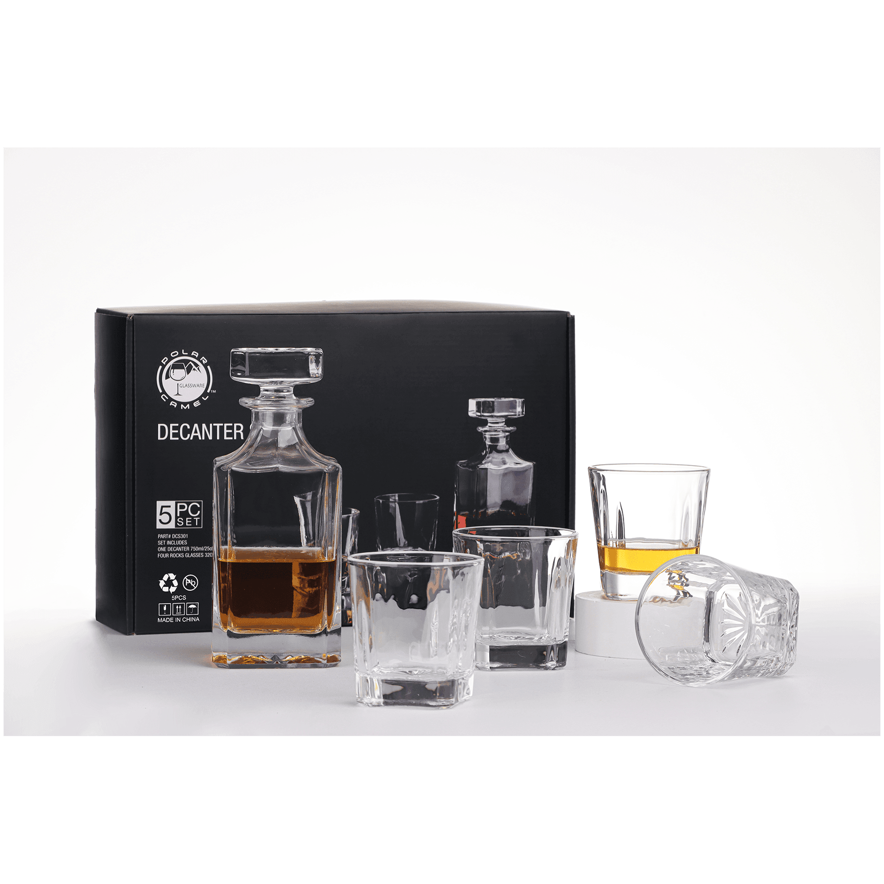 750 ml Square Glass Decanter Set with Four 11 oz Glasses in Black Gift Box