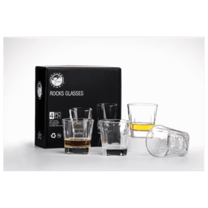 Four Polar Camel 11 oz. Square Rocks Glasses in Black Gift Box with Printed Paper Sleeve