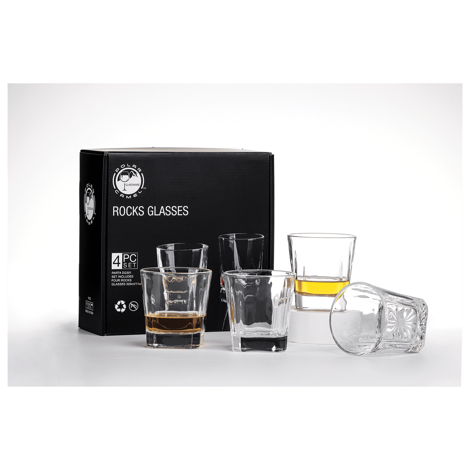 Four Polar Camel 11 oz. Square Rocks Glasses in Black Gift Box with Printed Paper Sleeve