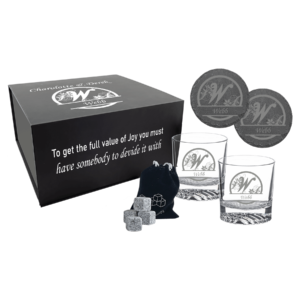 LazerBurst Whiskey Set with Two 9 oz Glasses, Two 4" Slate Coasters and 8 Whiskey Stones