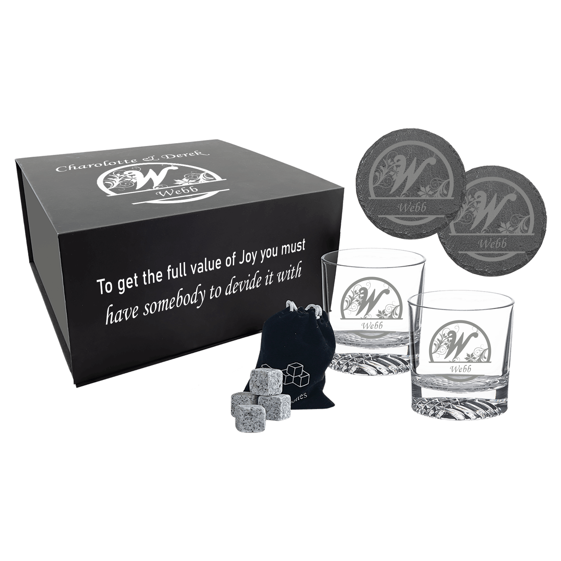 LazerBurst Whiskey Set with Two 9 oz Glasses, Two 4" Slate Coasters and 8 Whiskey Stones