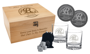 Red Alder Whiskey Set with Two 9 oz. Glasses, Two 4" Slate Coasters, and Eight Granite Whiskey Stones with Black Velvet Bag