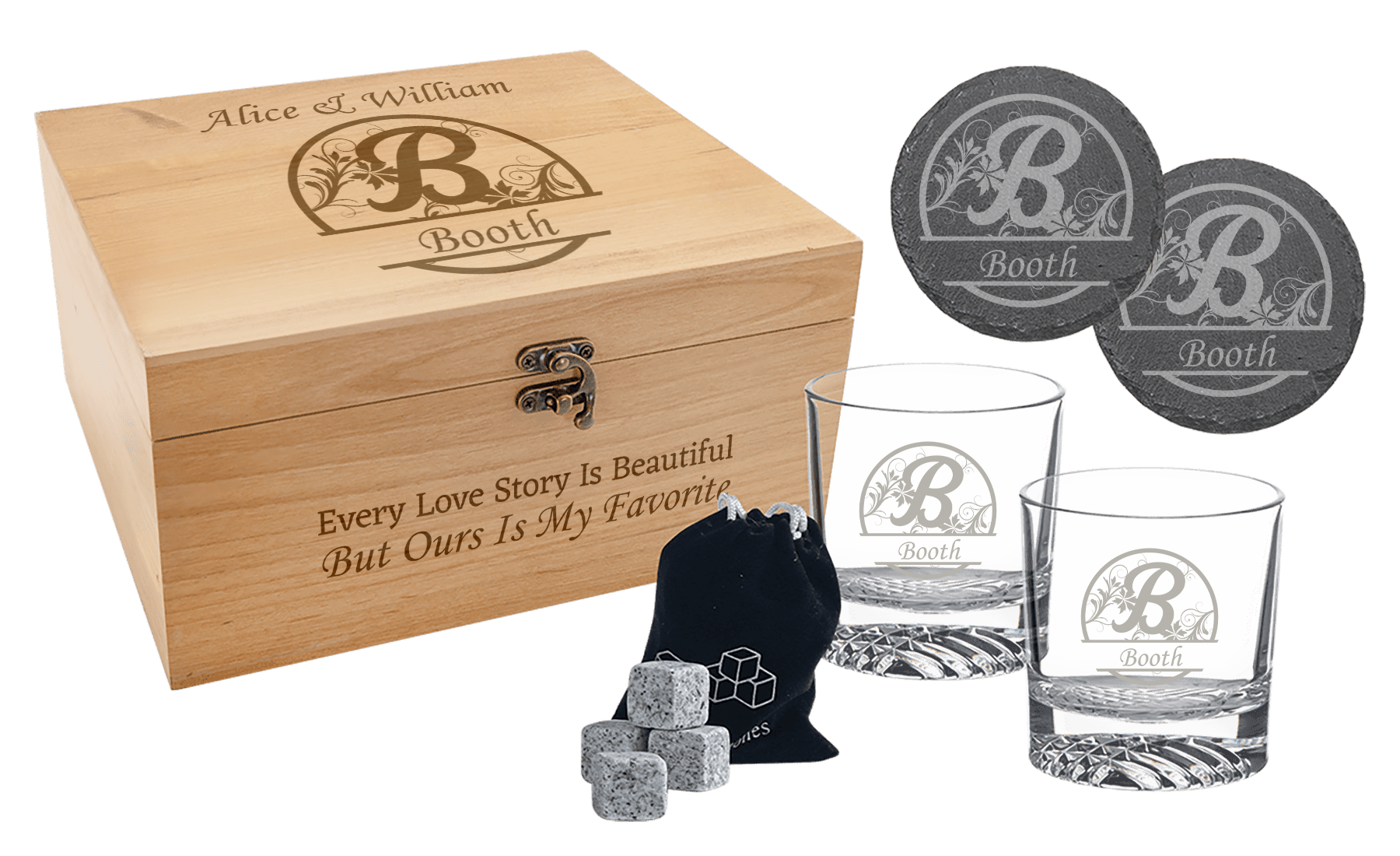 Red Alder Whiskey Set with Two 9 oz. Glasses, Two 4" Slate Coasters, and Eight Granite Whiskey Stones with Black Velvet Bag